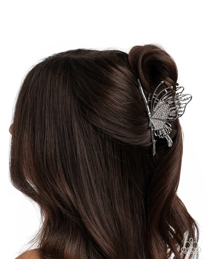 Layered Landing - White Rhinestone Silver Metal Butterfly Claw Clip - Paparazzi Accessories