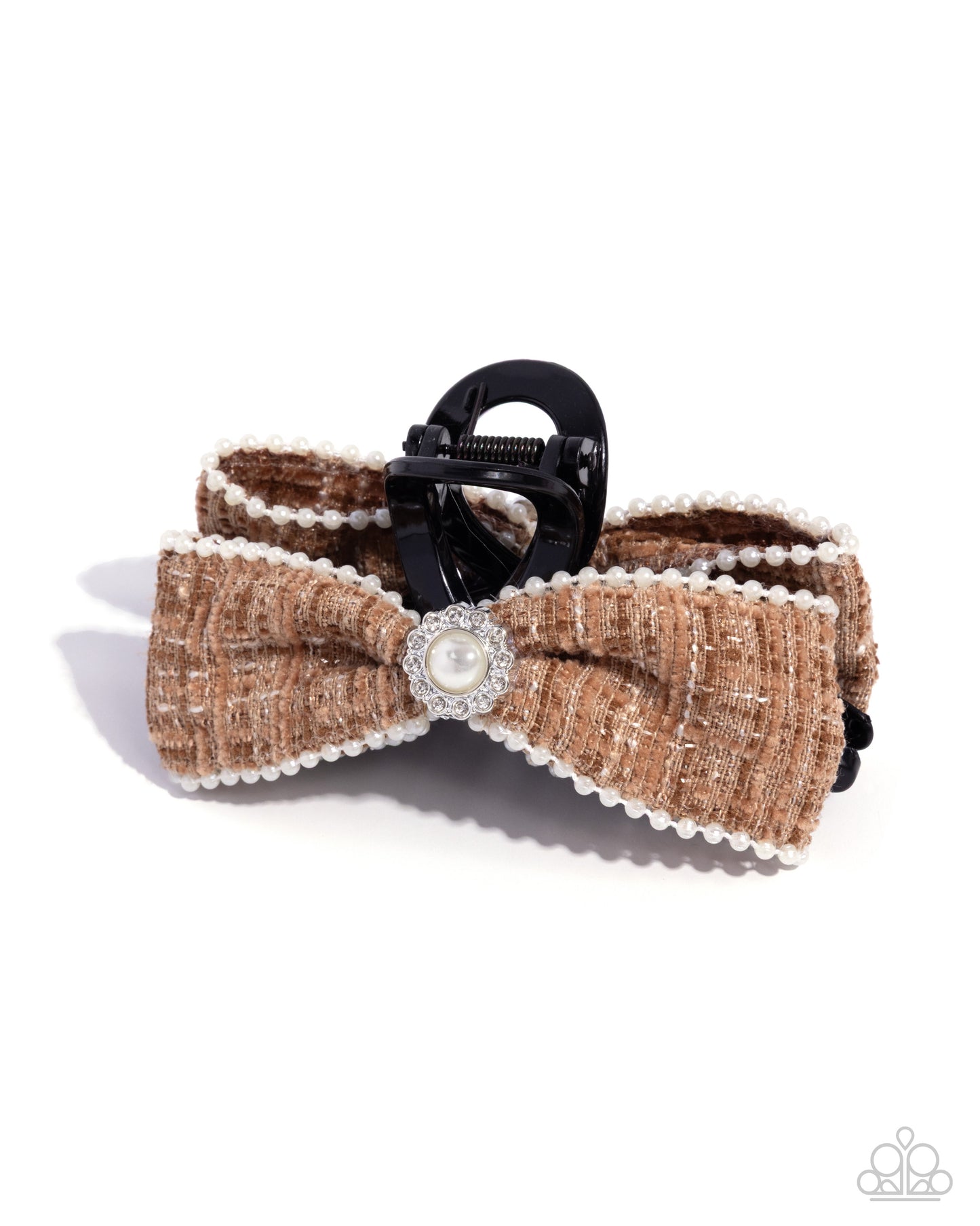 Let Me Bow - Brown Plaid, White Pearl Claw Clip - Paparazzi Accessories