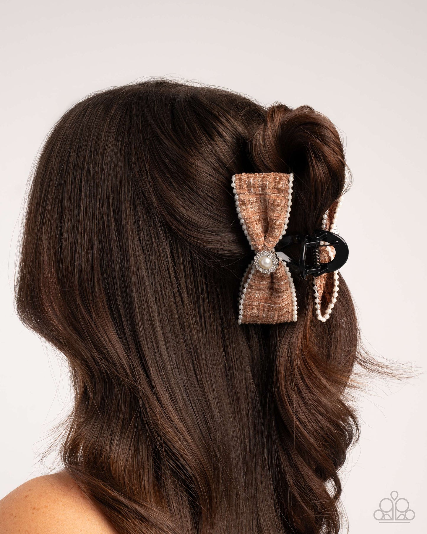 Let Me Bow - Brown Plaid, White Pearl Claw Clip - Paparazzi Accessories