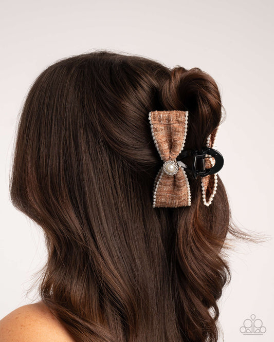 Let Me Bow - Brown Plaid, White Pearl Claw Clip - Paparazzi Accessories