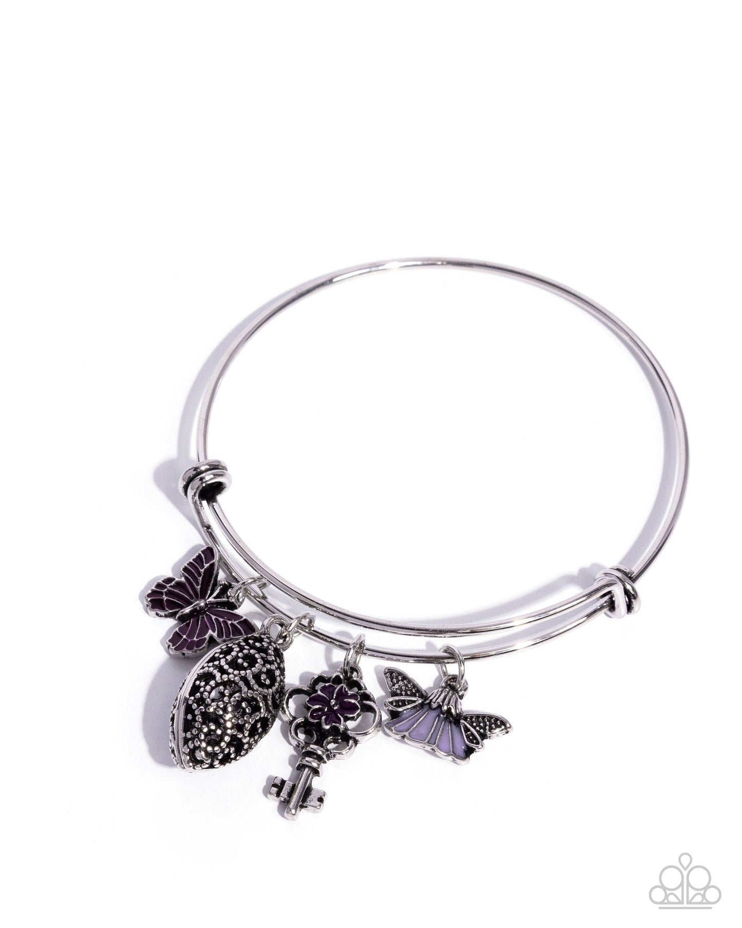 Eclectic Emotion - Purple Pearl Painted Silver Charms Expandable Bangle Bracelet - Paparazzi Accessories