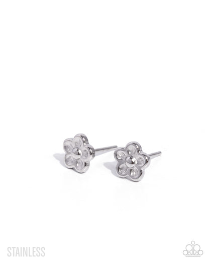 Impending BLOOM - Silver - Stainless Steel Flower Post Earrings - Paparazzi Accessories