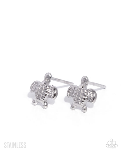 Tactical Turtle - Silver - Stainless Steel Post Earrings -  Paparazzi Accessories