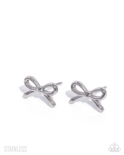 BOW The Line - Silver - Stainless Steel Post back Earrings - Paparazzi Accessories