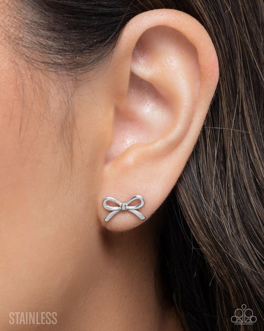 BOW The Line - Silver - Stainless Steel Post back Earrings - Paparazzi Accessories