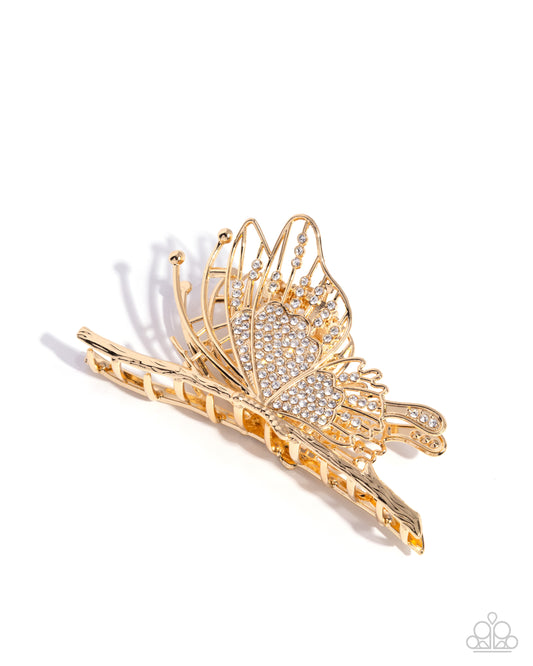 Layered Landing - Gold White Rhinestone Butterfly Claw Clip - Paparazzi Accessories