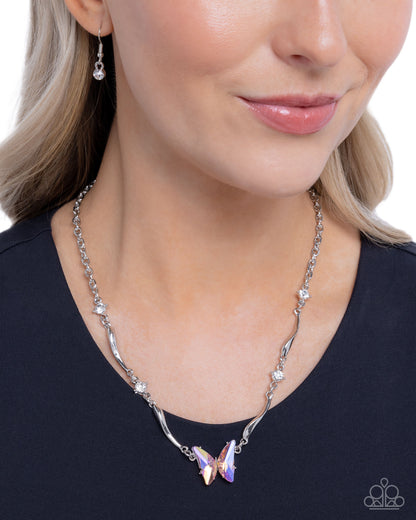 Gliding Glitz - Orange UV Shimmer Buttefly, Silver Necklace - Paparazzi Accessories