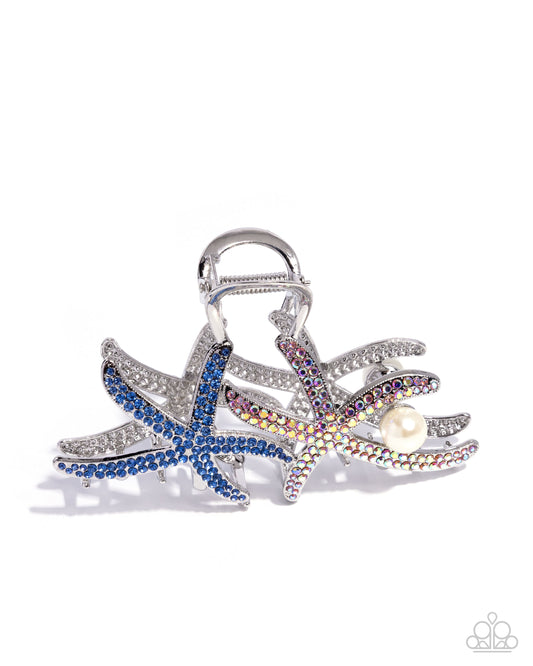 Stunning Starfish - Multi Iridescent, Blue Rhinestone Silver Claw Clip - Paparazzi Accessories