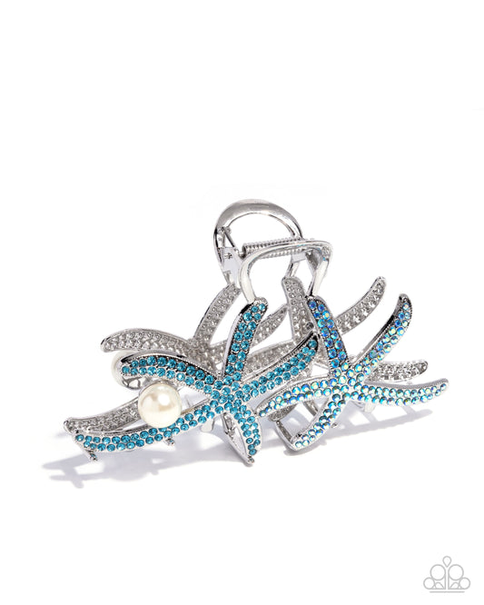 Stunning Starfish - Blue Iridescent Rhinestone Silver Claw Clip - Paparazzi Accessories
