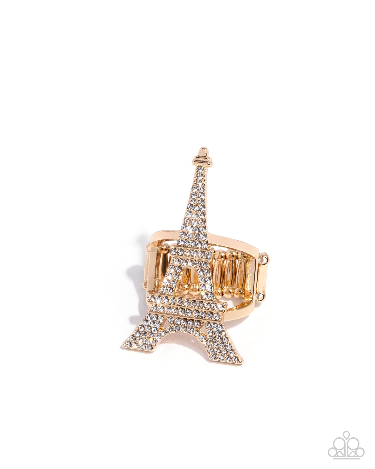 Eiffel Tower Ease - Gold White Rhinestone Ring - Paparazzi Accessories