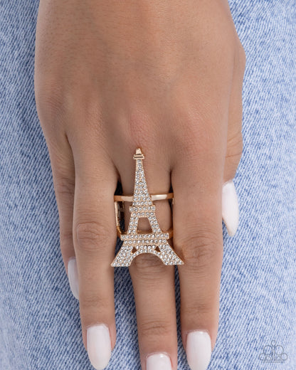 Eiffel Tower Ease - Gold White Rhinestone Ring - Paparazzi Accessories
