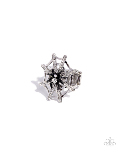 Spiderweb Shimmer - Black Enamel Spider White Rhinestone Web Silver Ring - Paparazzi Accessories