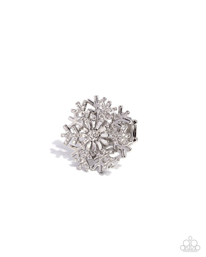 Snowflake Sensation - White Rhinestone Silver Snowflake Ring - Paparazzi Accessories