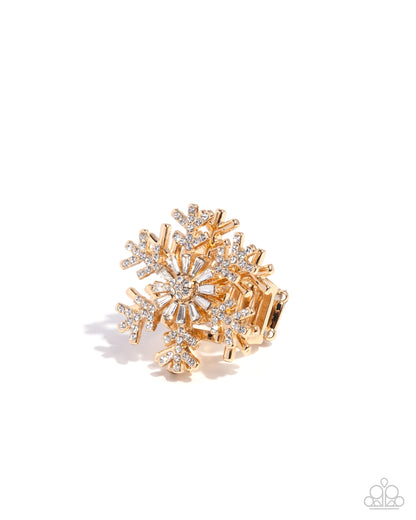 Snowflake Sensation - Gold White Rhinestone Ring - Paparazzi Accessories