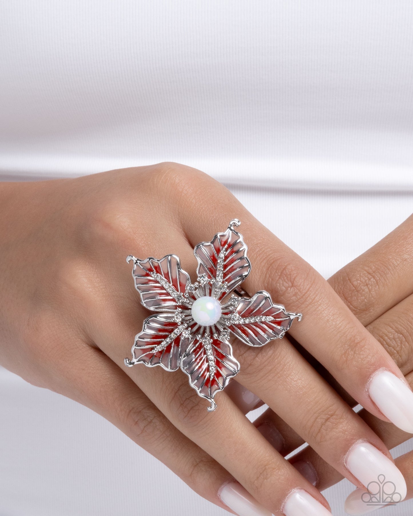 FLORAL Family - Red Enamel Silver Flower Ring - Paparazzi Accessories