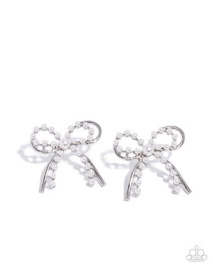 Girly Get Together - White Pearl, Silver Bow Earrings - Paparazzi Accessories