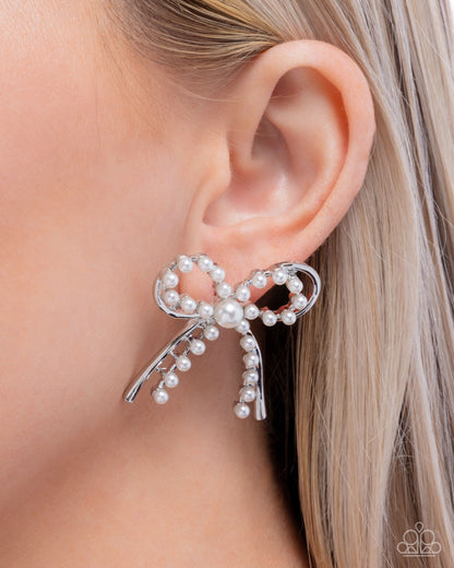 Girly Get Together - White Pearl, Silver Bow Earrings - Paparazzi Accessories