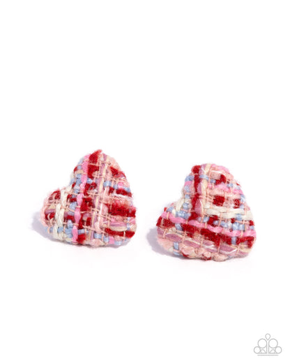Sweetheart Stitching - Pink Plaid Heart, Post back Earrings - Paparazzi Accessories