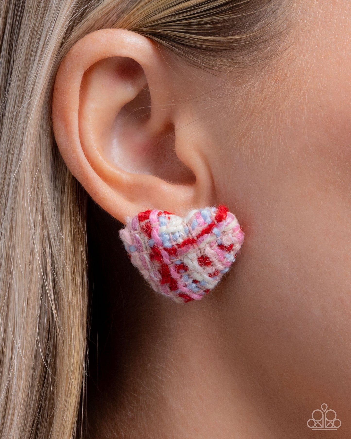Sweetheart Stitching - Pink Plaid Heart, Post back Earrings - Paparazzi Accessories