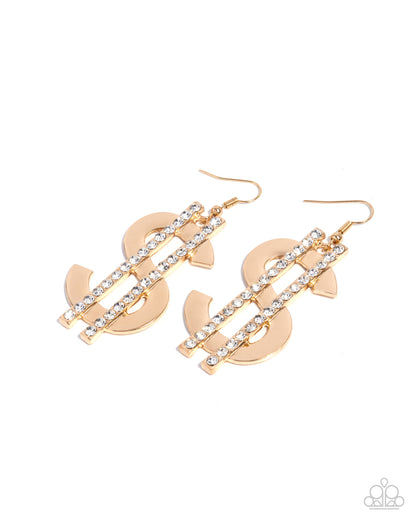 Magnate Moment - Gold Dollar Sign White Rhinestone Fishhook Earrings - Paparazzi Accessories