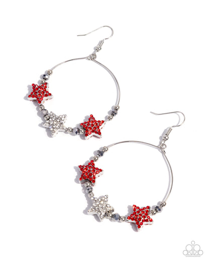 Country Countdown - Red and White Rhinestone Star Earrings - Paparazzi Accessories