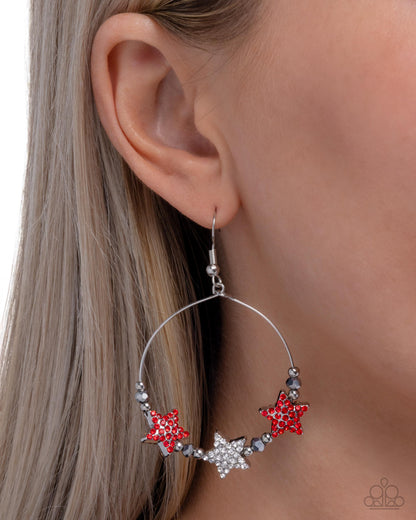 Country Countdown - Red and White Rhinestone Star Earrings - Paparazzi Accessories