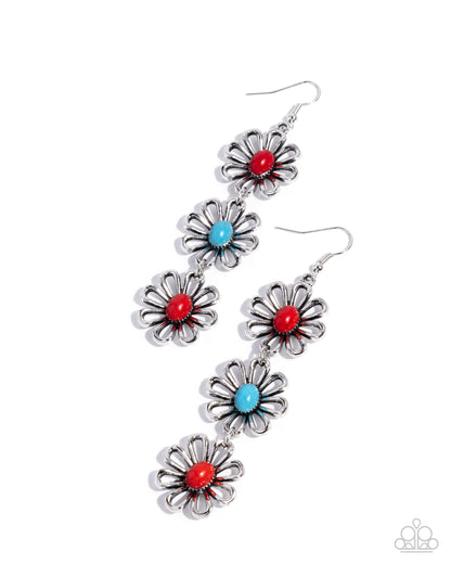 Blooming Buzz - Red & Blue Stone Silver Flower Fishhook Earrings - Paparazzi Accessories