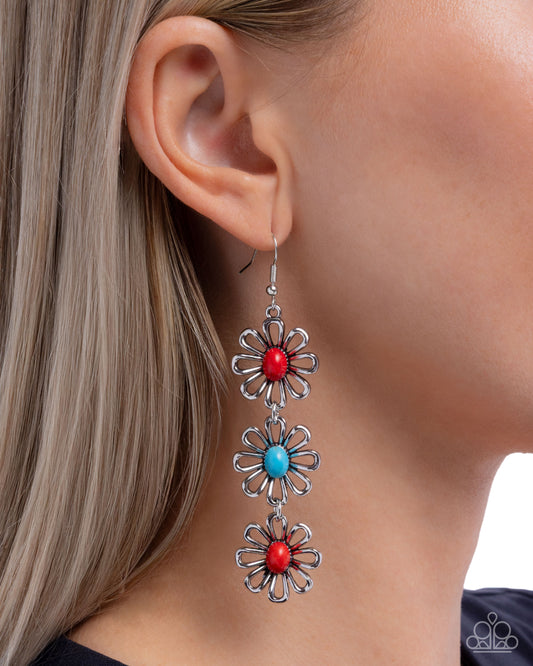 Blooming Buzz - Red & Blue Stone Silver Flower Fishhook Earrings - Paparazzi Accessories