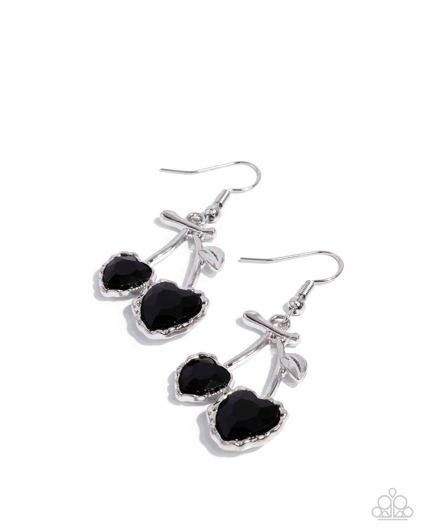 Courting Cherries - Black Gem Heart Silver Cherry Fishhook Earrings - Paparazzi Accessories