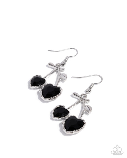 Courting Cherries - Black Gem Heart Silver Cherry Fishhook Earrings - Paparazzi Accessories