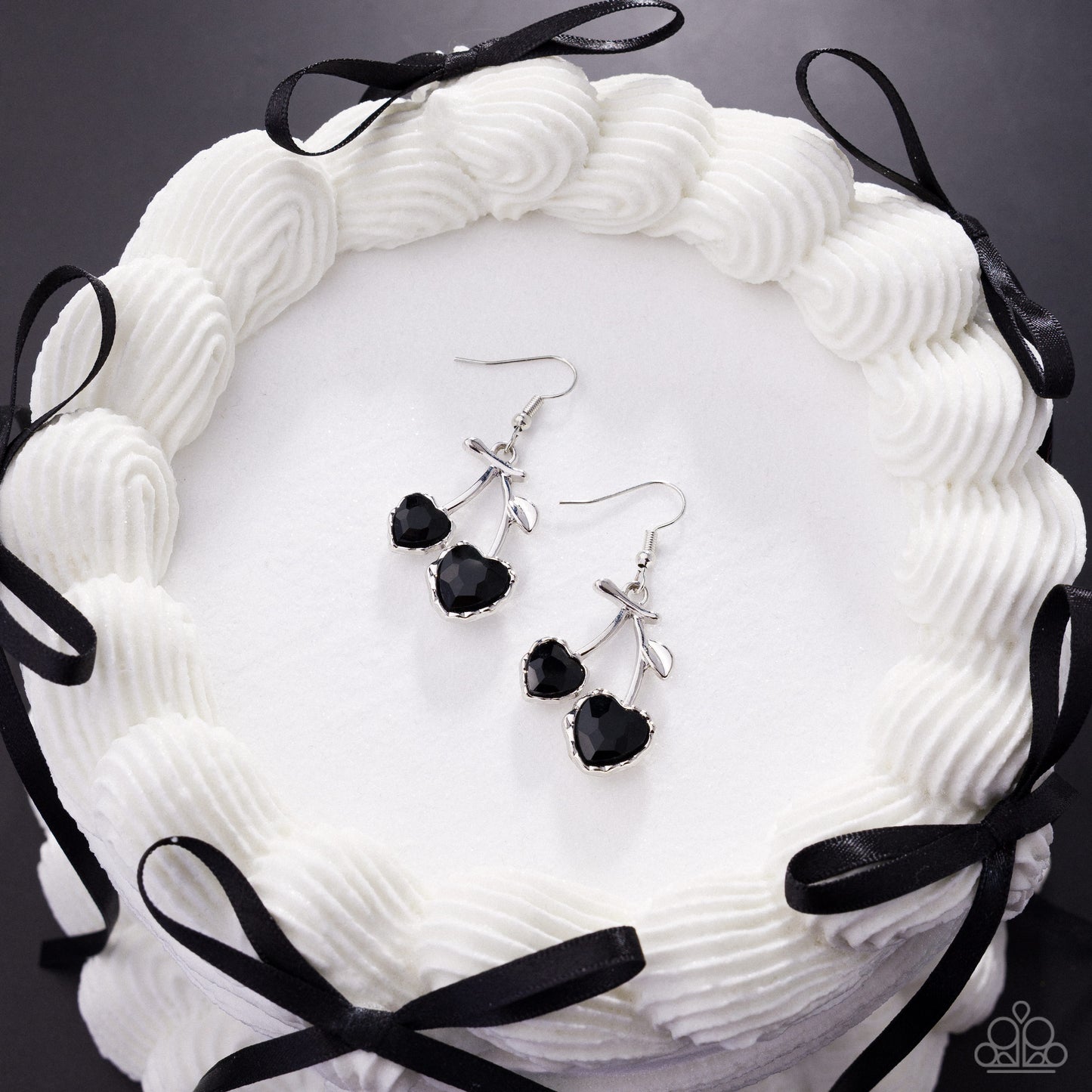Courting Cherries - Black Gem Heart Silver Cherry Fishhook Earrings - Paparazzi Accessories