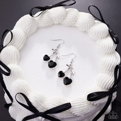 Courting Cherries - Black Gem Heart Silver Cherry Fishhook Earrings - Paparazzi Accessories