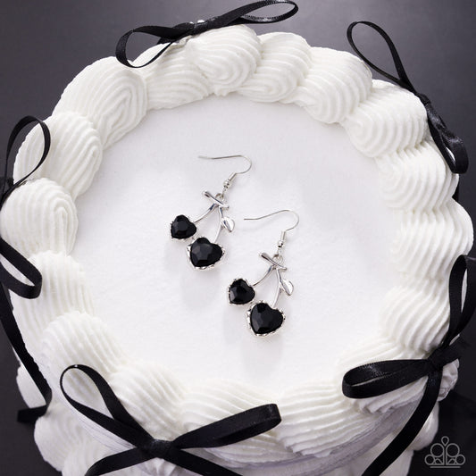 Courting Cherries - Black Gem Heart Silver Cherry Fishhook Earrings - Paparazzi Accessories