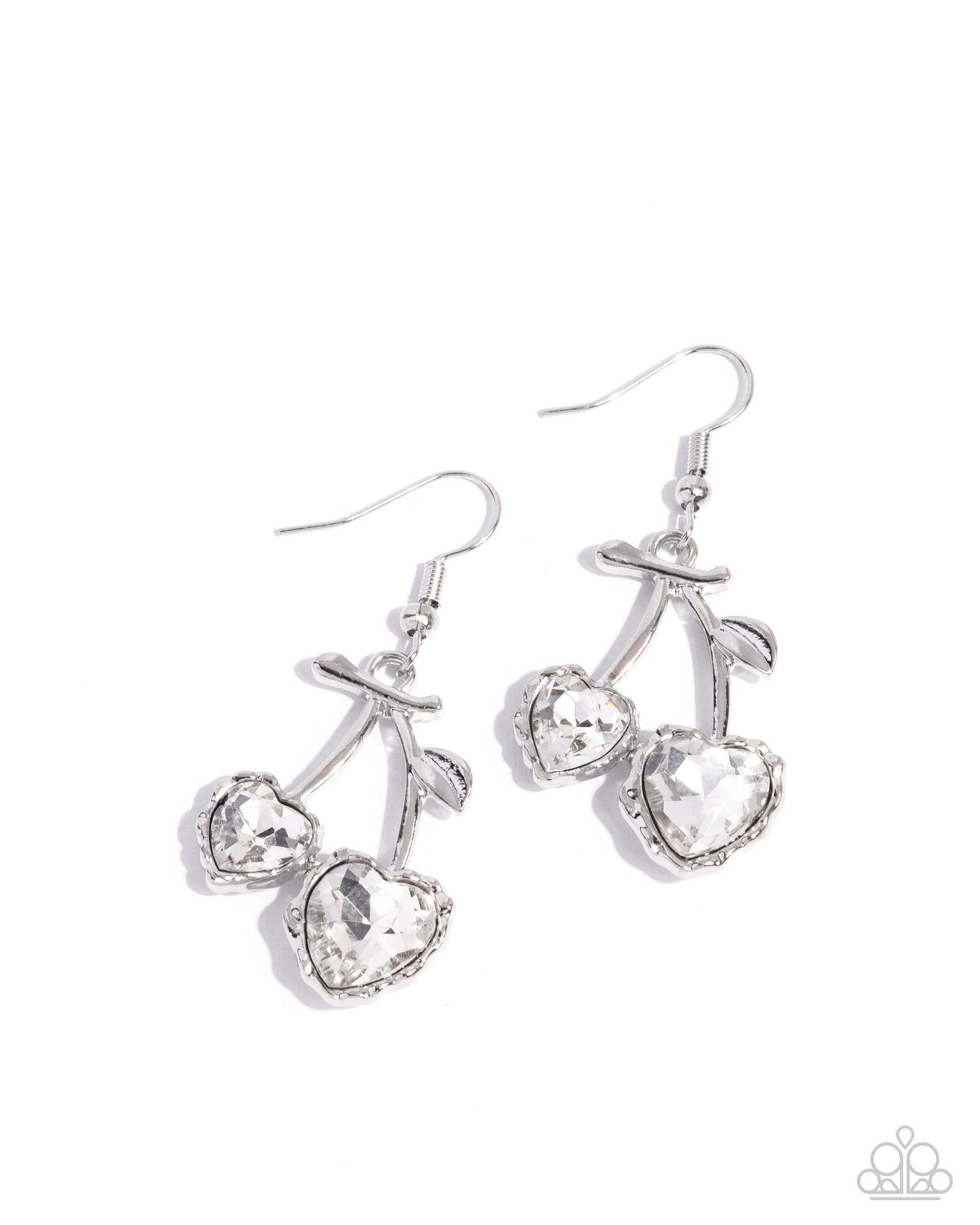 Courting Cherries - White Gem Heart Silver Cherry Fishhook Earrings - Paparazzi Accessories