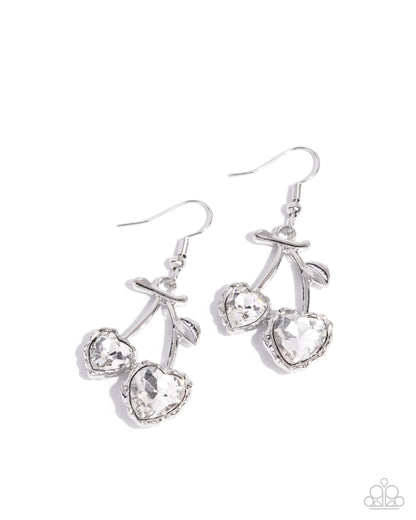 Courting Cherries - White Gem Heart Silver Cherry Fishhook Earrings - Paparazzi Accessories