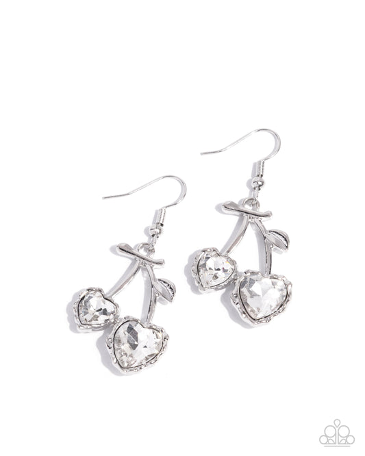 Courting Cherries - White Gem Heart Silver Cherry Fishhook Earrings - Paparazzi Accessories