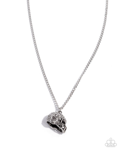 Quarterback Chic - White Rhinestone Silver Football Helmet Pendant Necklace - Paparazzi Accessories