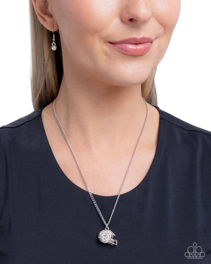 Quarterback Chic - White Rhinestone Silver Football Helmet Pendant Necklace - Paparazzi Accessories