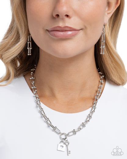 Pep LOCK - Silver Padlock & Key Charms Chain Necklace - Paparazzi Accessories