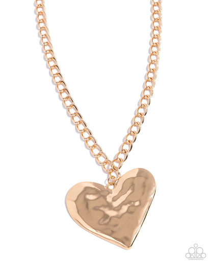 Hammered Heartthrob - Gold Heart Pendant Necklace - Paparazzi Accessories