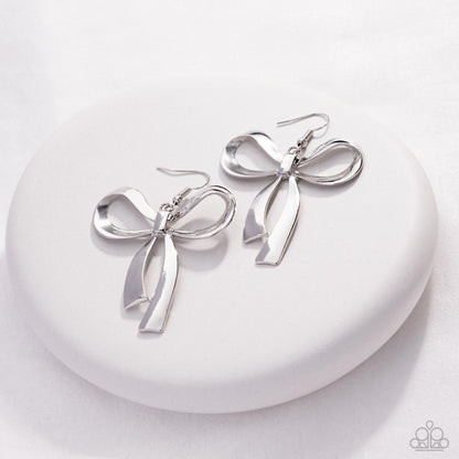 Captivating Coquette - Silver Bow Fishhook Back Earrings - Paparazzi Accessories