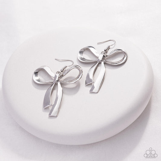 Captivating Coquette - Silver Bow Fishhook Back Earrings - Paparazzi Accessories