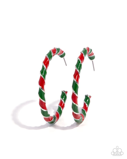 Candy Cane Lane - Multi - Red & Green Enamel Silver Hoop Earrings - Paparazzi Accessories