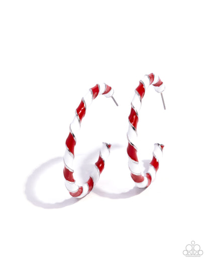 Candy Cane Lane - Red & White Enamel Silver Hoop Earrings - Paparazzi Accessories