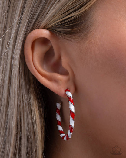 Candy Cane Lane - Red & White Enamel Silver Hoop Earrings - Paparazzi Accessories