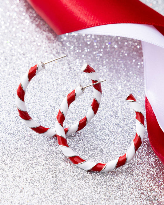 Candy Cane Lane - Red & White Enamel Silver Hoop Earrings - Paparazzi Accessories