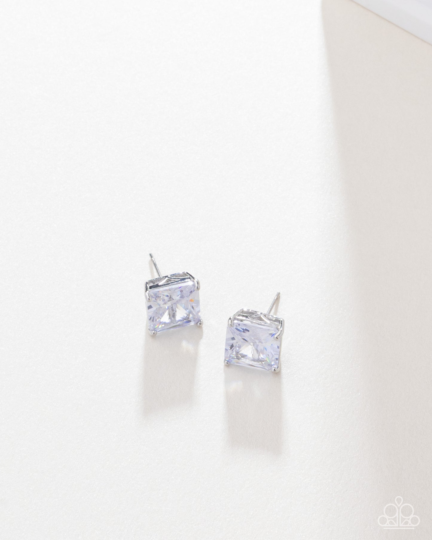 GLOW Time - White Rhinestone Blockbuster Earrings - Paparazzi Accessories