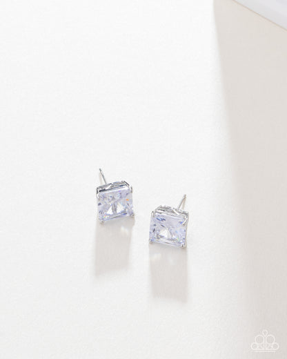 GLOW Time - White Rhinestone Blockbuster Earrings - Paparazzi Accessories