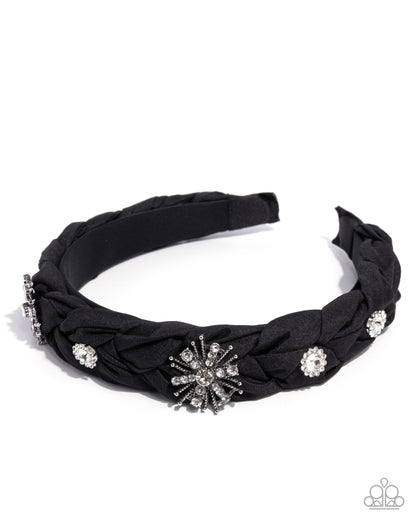 Adorable Accent - Black Ribbon White Rhinestone Headband - Paparazzi Accessories