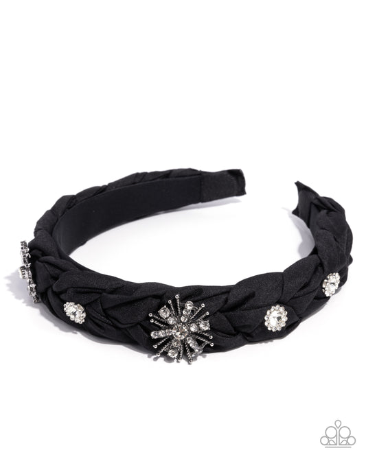 Adorable Accent - Black Ribbon White Rhinestone Headband - Paparazzi Accessories